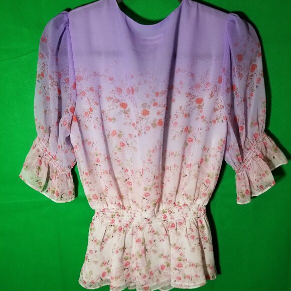 Calvin Klein Womens Small Floral Ruffle Blouse Surplice Peplum Hem Top Purple - Picture 2 of 5